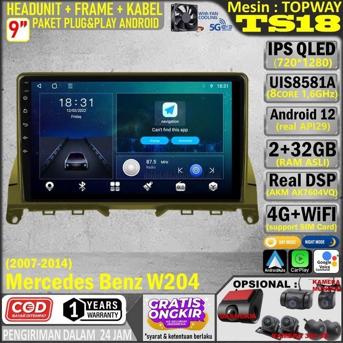 Paket Headunit Android 9 inch + Frame + Soket PNP Mercedes Benz W204 Topway TS18 UIS8581A-Octacore 1