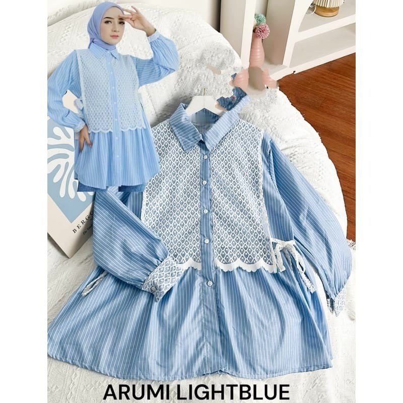 WFS88 Fashion Blouse Renda Brukat Muslimah Terbaru /  ARUMI Lace Blouse Terlaris / Blus Stripe Kekin