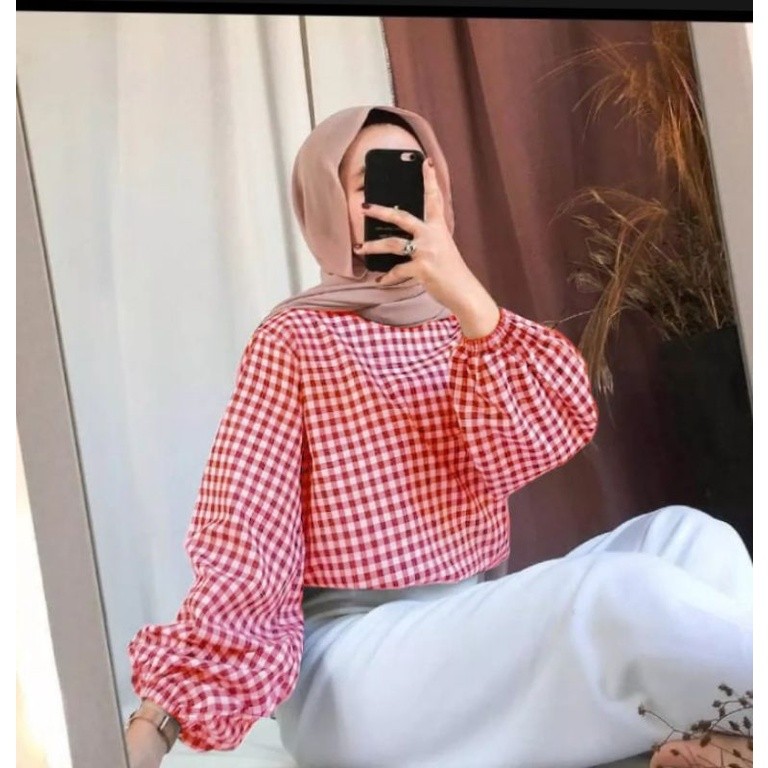 square blouse motif kotak baju lengan panjang atasan tangan balon pakaian wanita terlaris pakaian re
