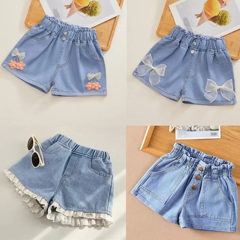 Girls Denim Shorts Summer Cartoon Fashion Cute Shorts Floral Lace All-match Children's Pants Girls D