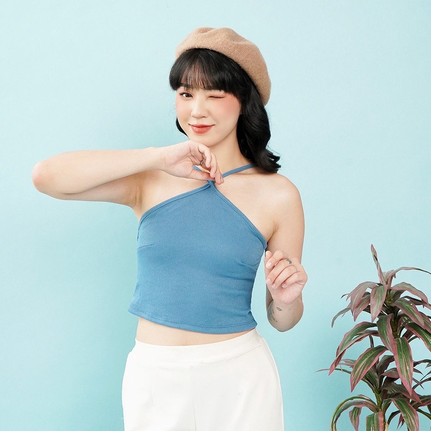 HOLLALUXE Korean Cross Tank Top Wanita Korea Knit Rib V-neck Crop Tanktop Kaos Pendek Tank Top Silan