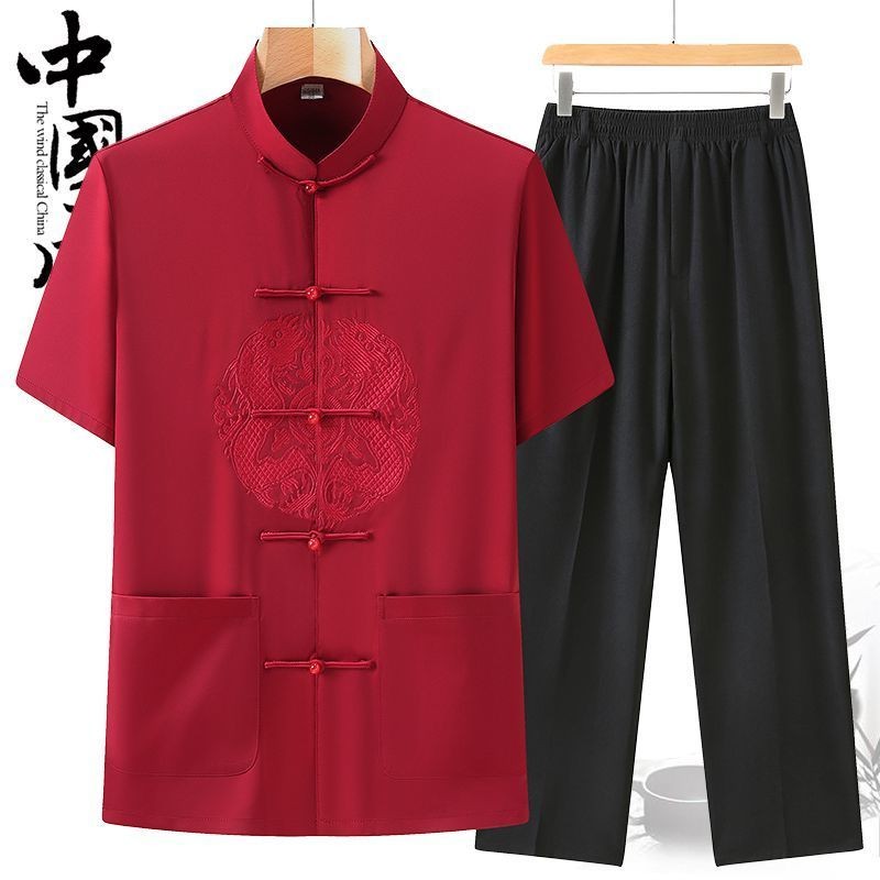 Bagian tipis musim panas dari setelan Tang merah pria paruh baya dan lansia setelan jas Tang merah s