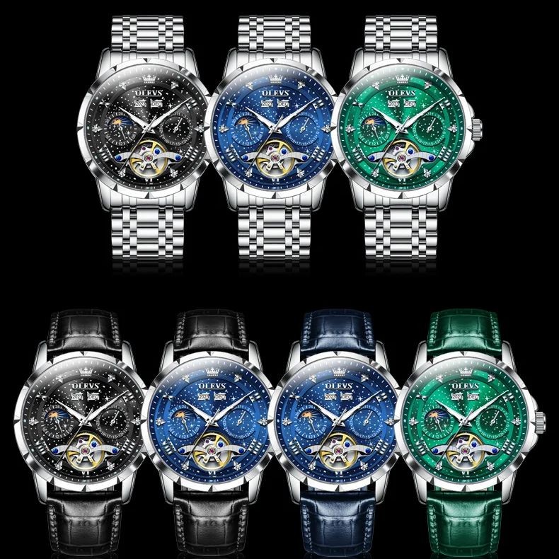 Men's Watches Flywheel Multifunctional Watch Men Waterproof Moon Phase Dual Calendar Automatic Mecha