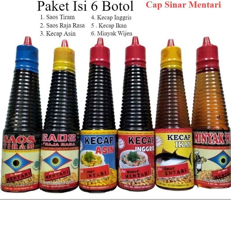 

Paket Heboh Isi 6 Botol Cap Sinar Mentari 150 Ml - Minyak Wijen, Raja Rasa, Saos Tiram, Kecap Asin, Kecap Inggris, Kecap Ikan