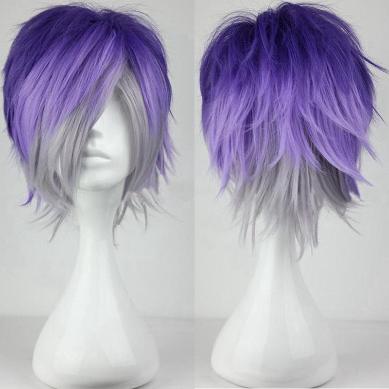 Anime Diabolik Lovers Sakamaki Kanato Wig Cosplay Men Short  Purple Gray Heat Resistant Synthetic Ha