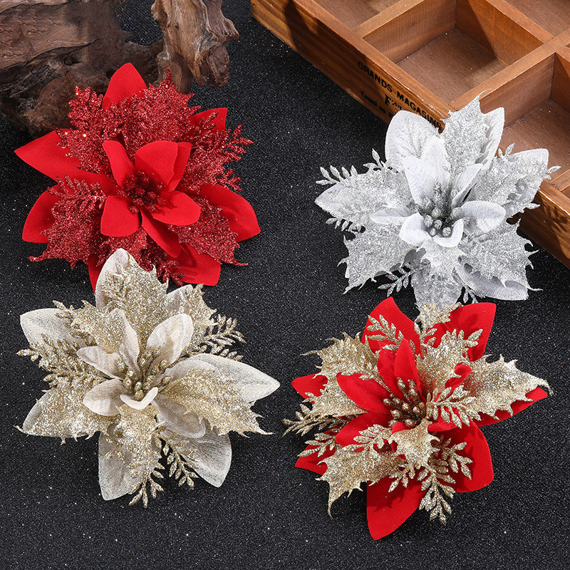 

10pcs Artificial Flowers Glitter Fake Flower Tree Hanging Decoration Xmas Party Tree Ornaments Wedding Silk Flower