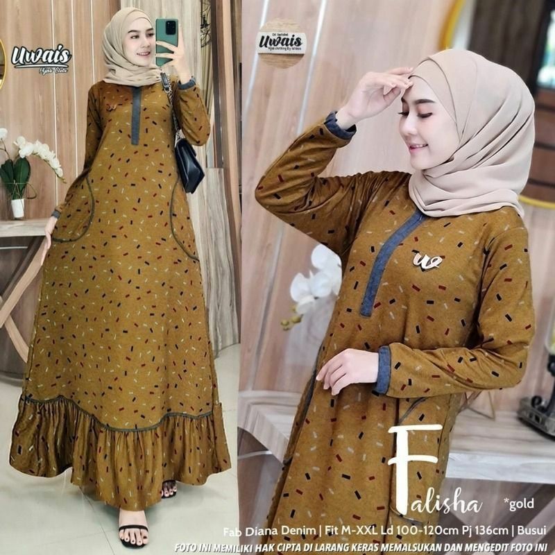 BHL - Gamis Wanita Muslimah Premium Bahan Diana Denim Motif Terbaru Falisha Maxy by Uwais Hijab Soli