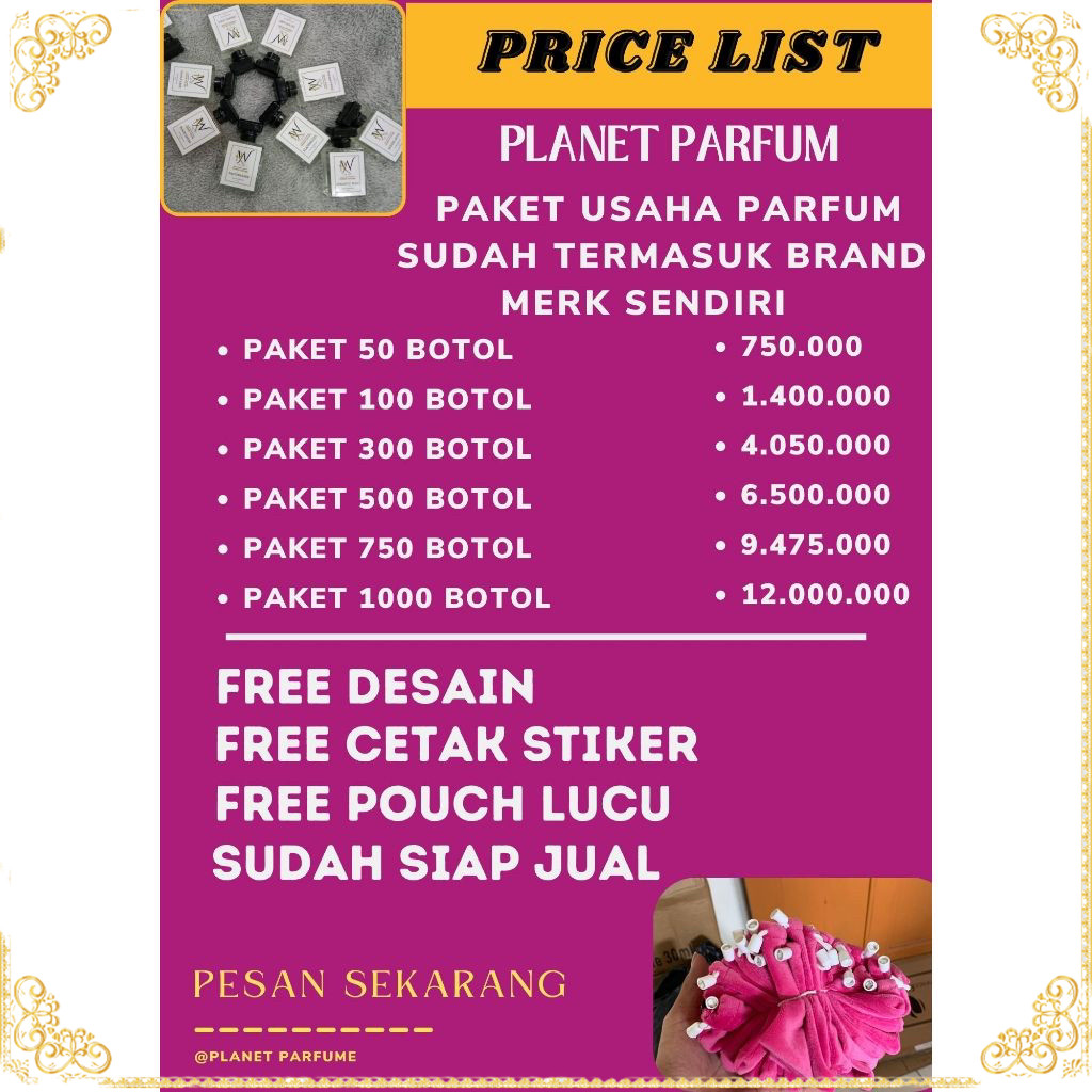 50 BTL PAKET USAHA PARFUM PRIA & WANITA ( BISA CUSTOM BRAND MERK SENDIRI ) ISI +35 ML 0R1