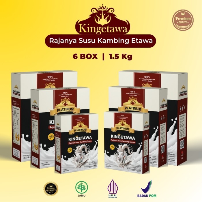 

Kingetawa Platinum Susu Kambing Etawa High Kalsium Grade Premium Kelas A Efektif Untuk Kesehatan Pernafasan, Ashma, Batuk, Bronchities, Nyeri Sendi, Pegal Linu, Rematik dan Osteoporosis Kemasan 250gram Paket 6 Box