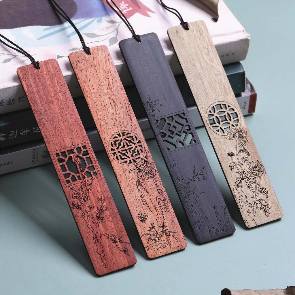 

Wooden Mahogany Bookmark Hollow Window Bookmarks Blossom Plum Orchid Bamboo Chrysanthemum Lettering Carving