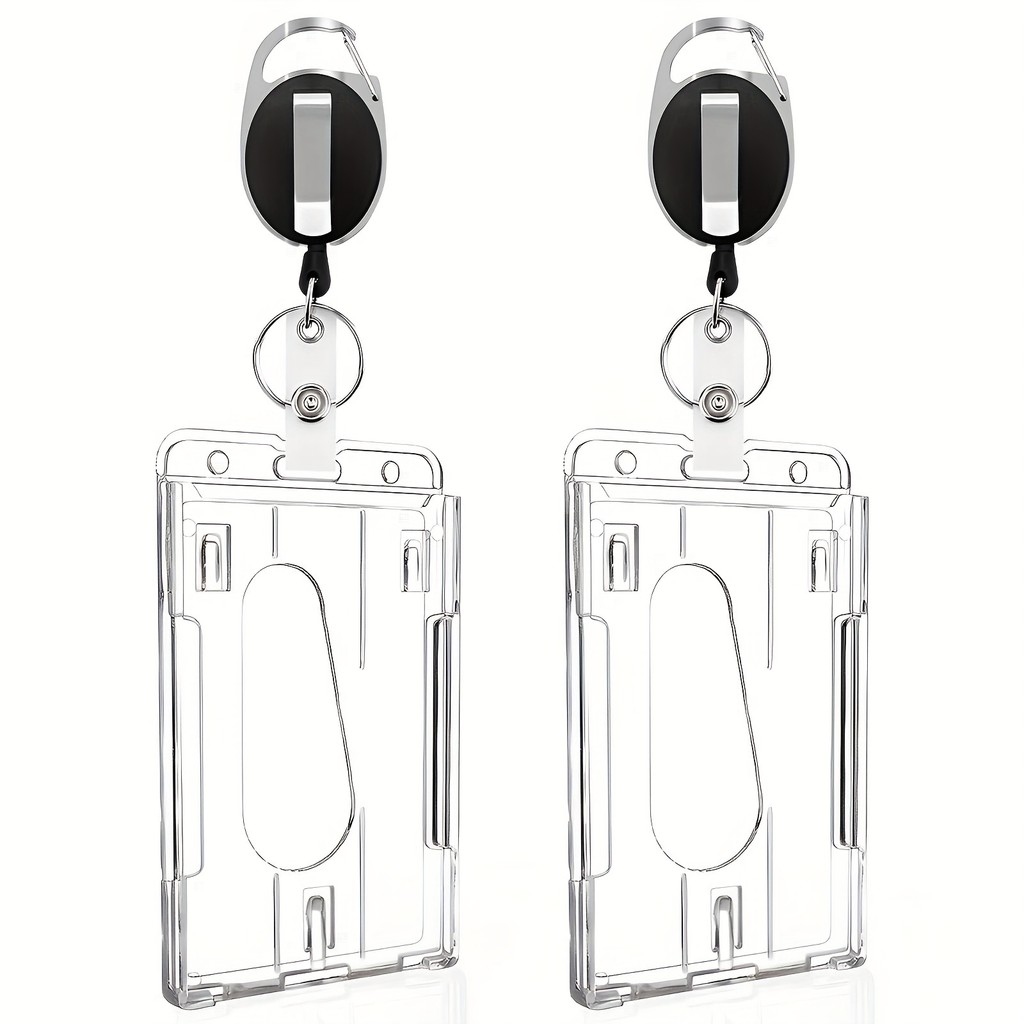 

2pcs Heavy-Duty Badge Holders with Retractable Clip - Transparent, Scratch-Proof ID & Keychain Cases for Students, Bank Cards