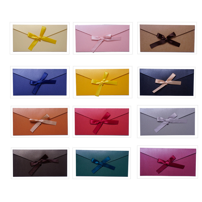 

10Pcs/Set Retro Pearlescent Paper Envelope Bow Thick Ribbon Creative Color Greeting Card Bags for Wedding Invited Gift Postcards