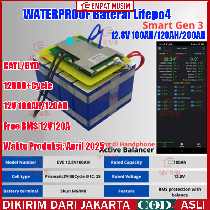 COD Baterai Lifepo4 12v 200Ah + BMS 120A BMS CATL/BYD Battery Lifepo4 3.2V BMS UPS 100% daya Penuh 5
