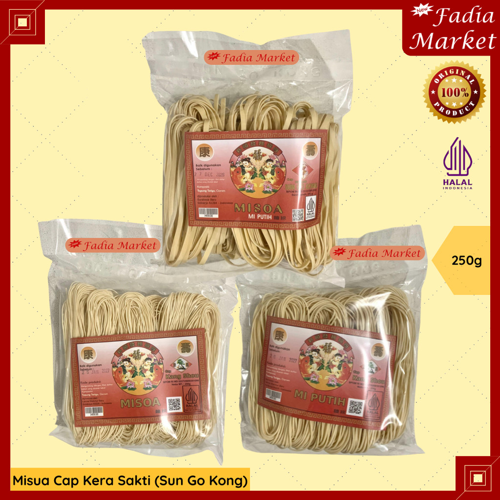 

Misua Mie Putih Cap Kera Sakti Sun Go Kong Kang Shou Bungkus 250g Kasar Halus Lebar