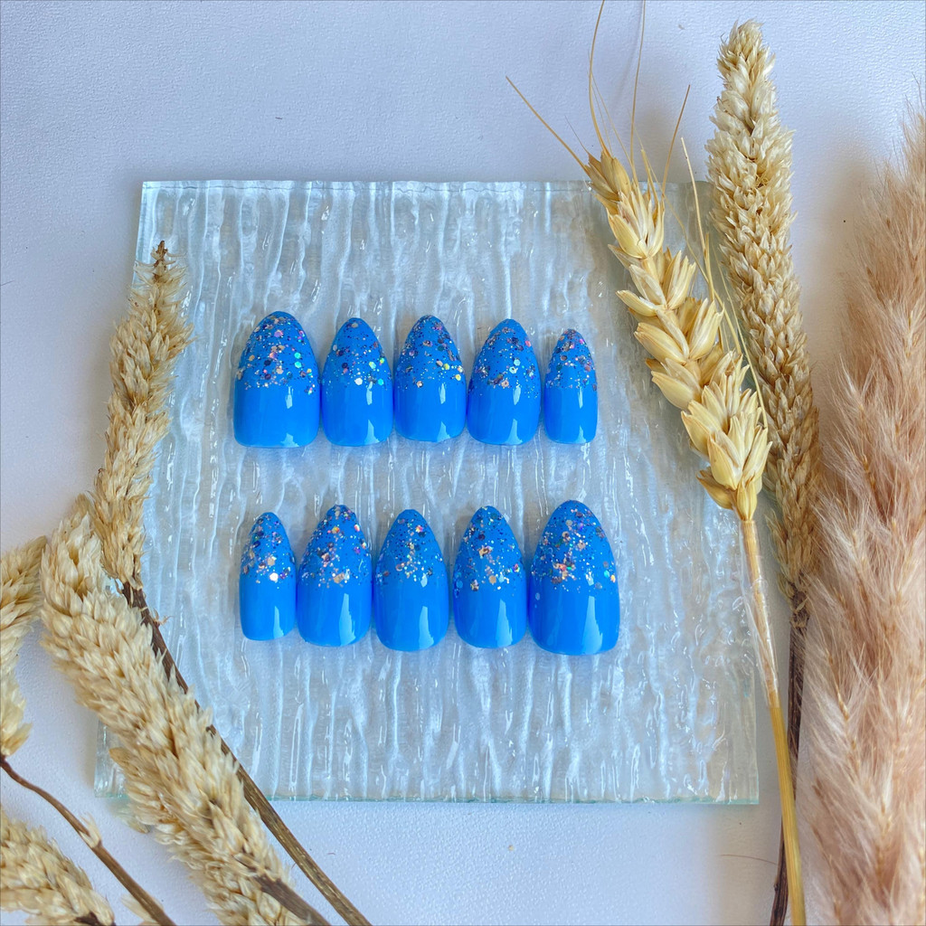 FREE LEM - Press on nails handmade warna biru| Fake nail nails| Kuku palsu nail art lem aesthetic| N