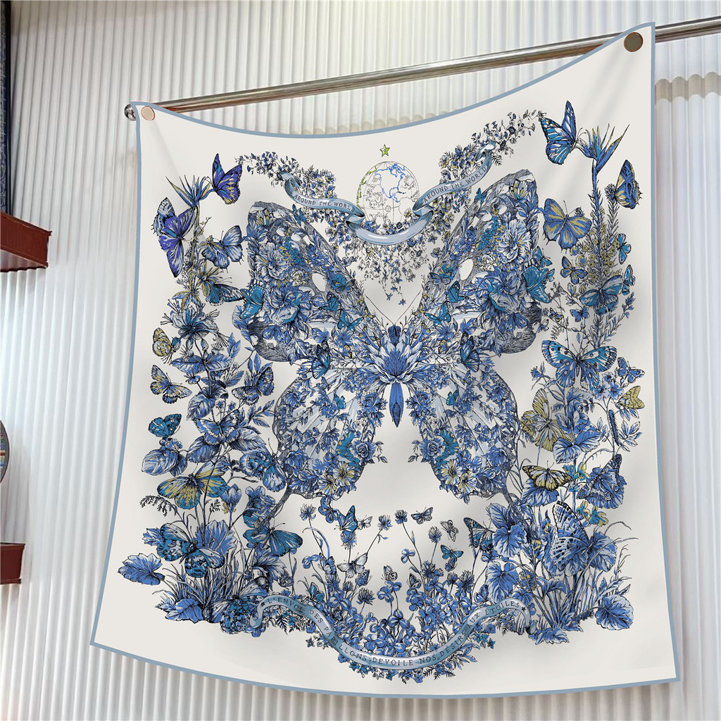 

90cm Butterfly Flowers Brand Square Scarf Women Twill Silk Scarf Shawl Hijab Luxury Bandana Foulard Neckerchief Head Scarf