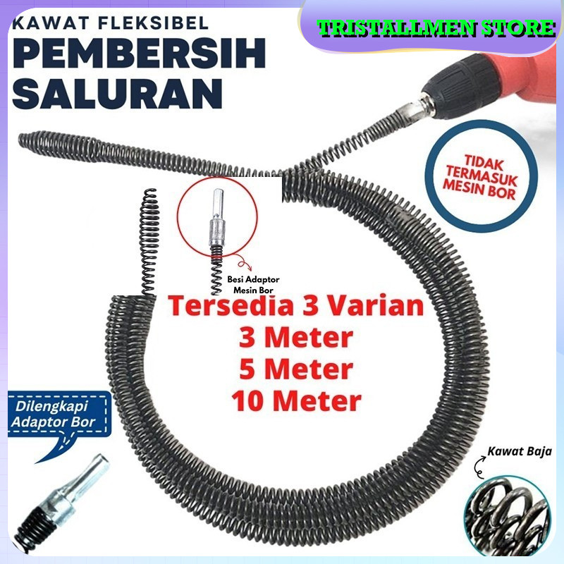Alat Pembersih Saluran - Kawat Pipa Mampet 3M/5M/10M dengan Adaptor Bor, Untuk WC Kamar Mandi Sumbat