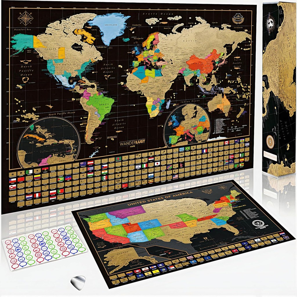 

One Scratch Map - World Map (Large Size: 32.5x23.4 inches) - Adult Deluxe Scratch Travel Poster, Black and Gold Map