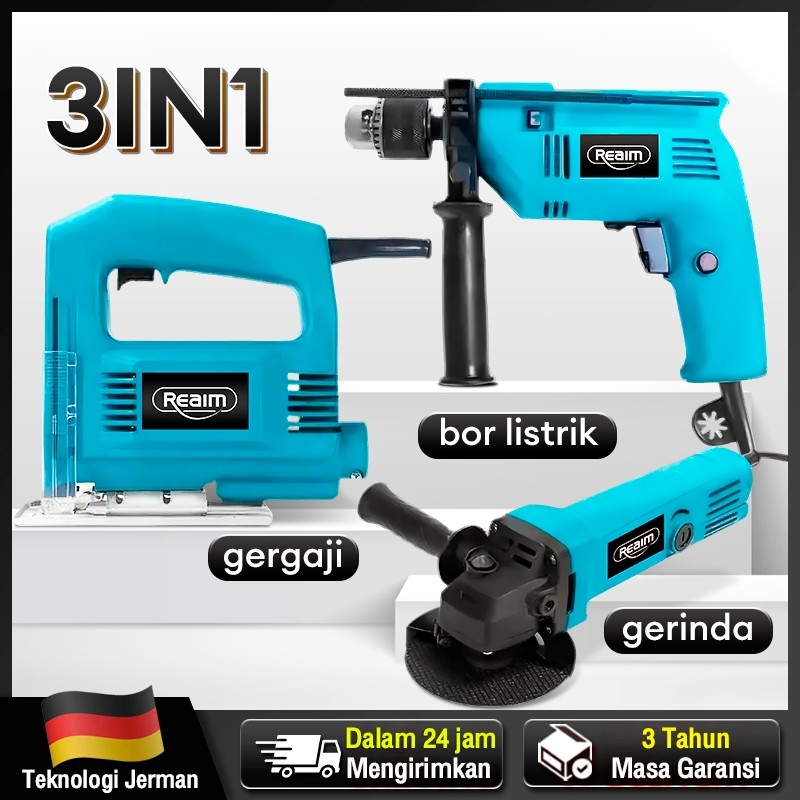 REAIM Bor dan Gerinda dan jigsaw 3 in 1  Mesin Bor Listrik Bor Gerinda Paket Bor dan Gerinda dan jig
