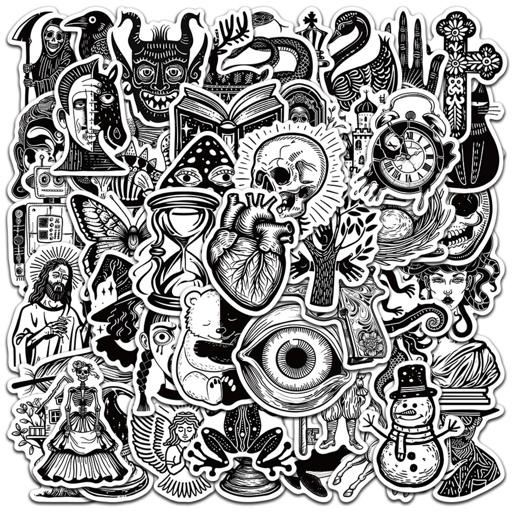 

50pcs Black and White Aesthetic Gothic Cartoon Horror Art Stickers For Luggage Guitar Laptop Phone Waterproof Vinyl Decals