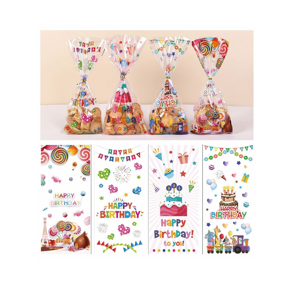 

50pcs Happy Birthday Pattern Multi-color Printed Flat Mouth Gift Bag, Cute Birthday Cake Pattern Gifts Candy Decoration Bags