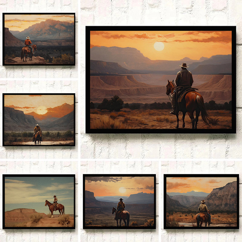 

Vintage Classic Medieval Western Cowboy Riding Art Poster Canvas Printing Oil Painting Mural Living Room Bedroom Home Decoration
