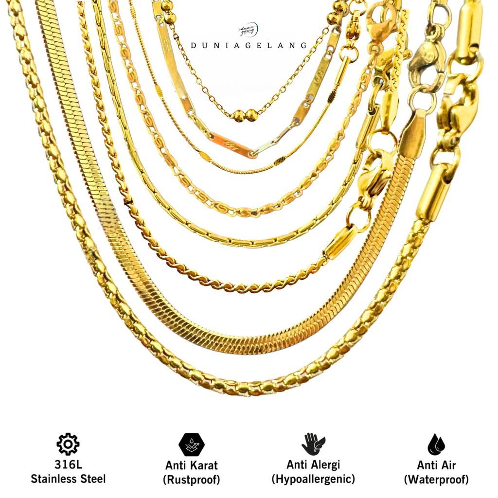 Kalung Titanium Gold 50 CM & 60 CM Premium Quality Anti Karat Anti Luntur