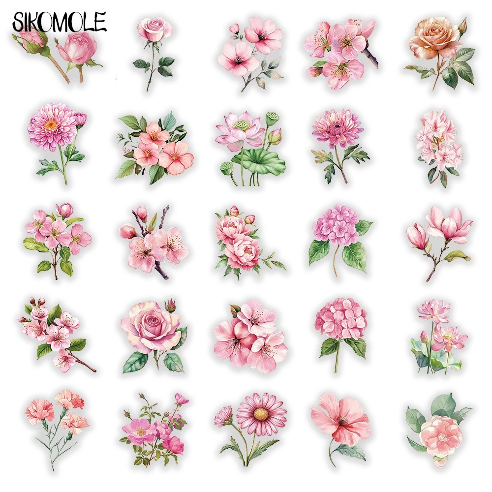 

50PCS Pink Ink Flowers Plant Transparent Graffiti Stickers Book INS DIY Diary Decorative Accounts Laptop Skateboard Sticker Pack