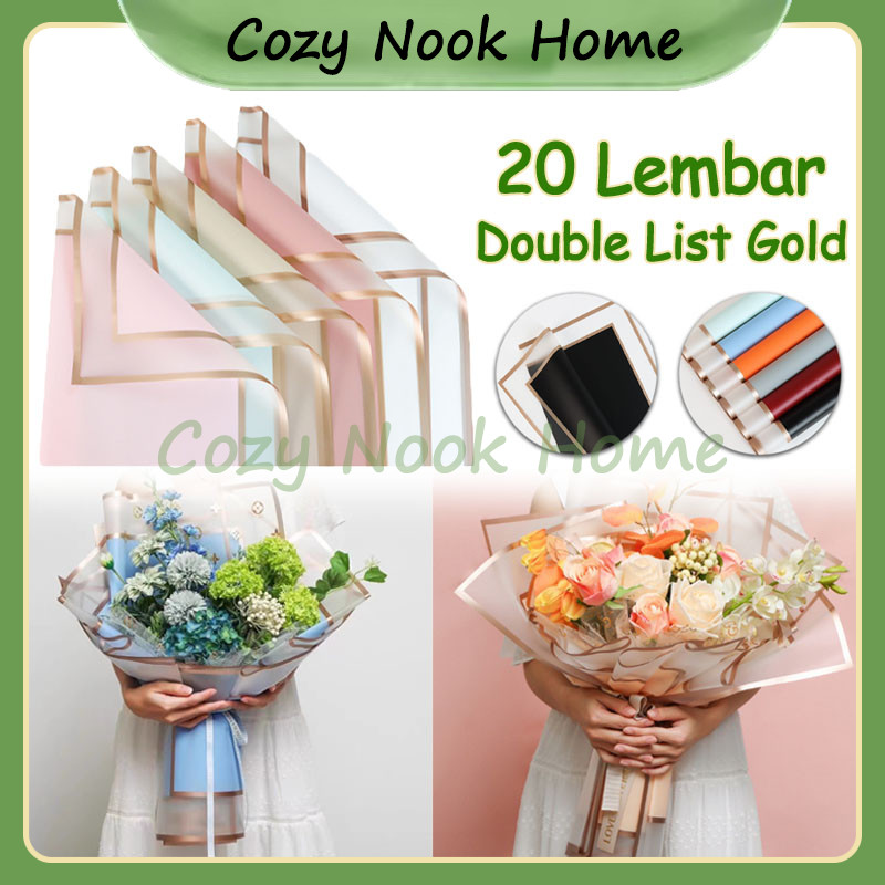 

20 Lembar Flower Wrapping Paper Double Gold Line Frame / Double List Gold / Waterproof Paper Kertas Buket Bunga