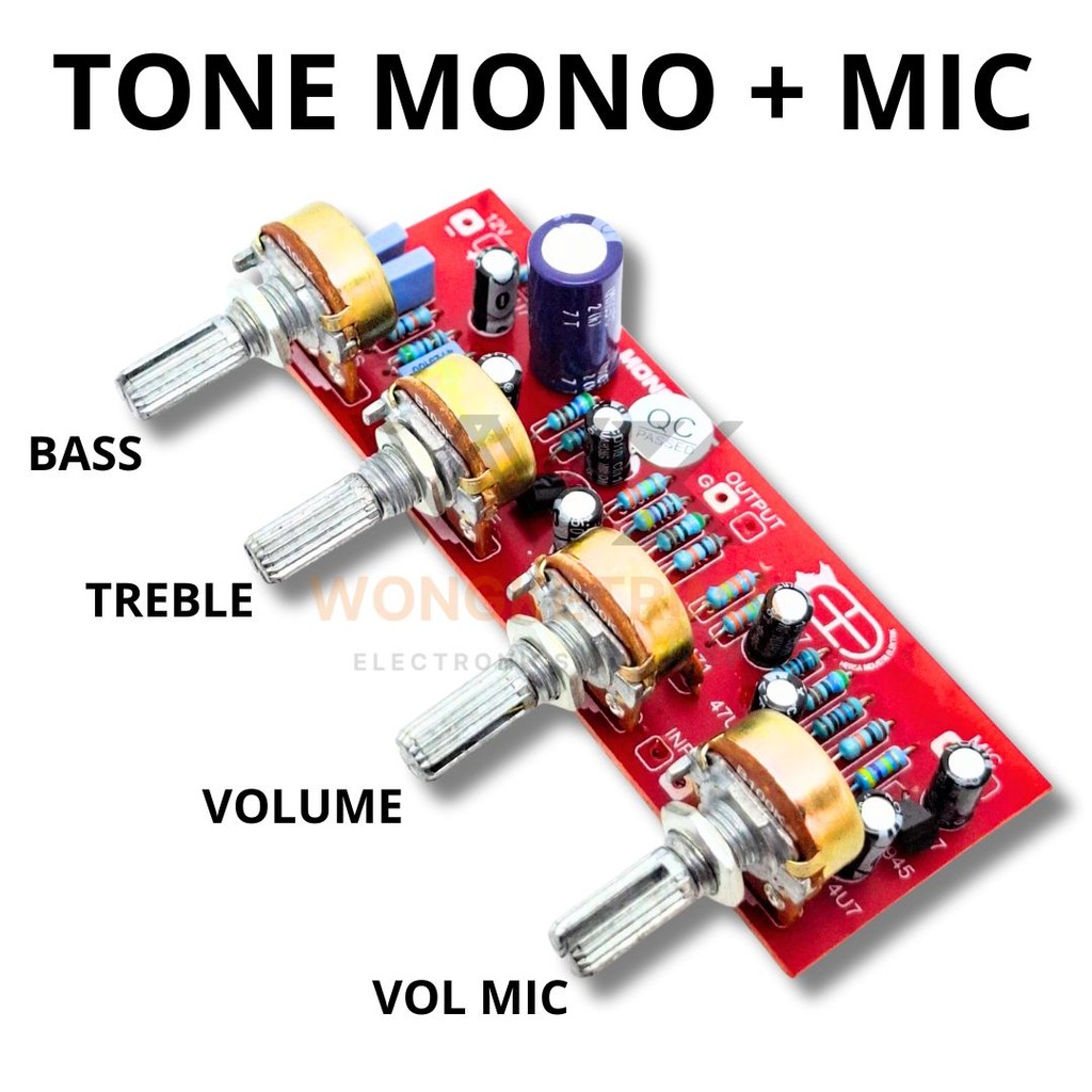 Tone Control Mono + Input Mic dengan 4 Potensio (Bass, Treble, Volume, Mic) DC 12V