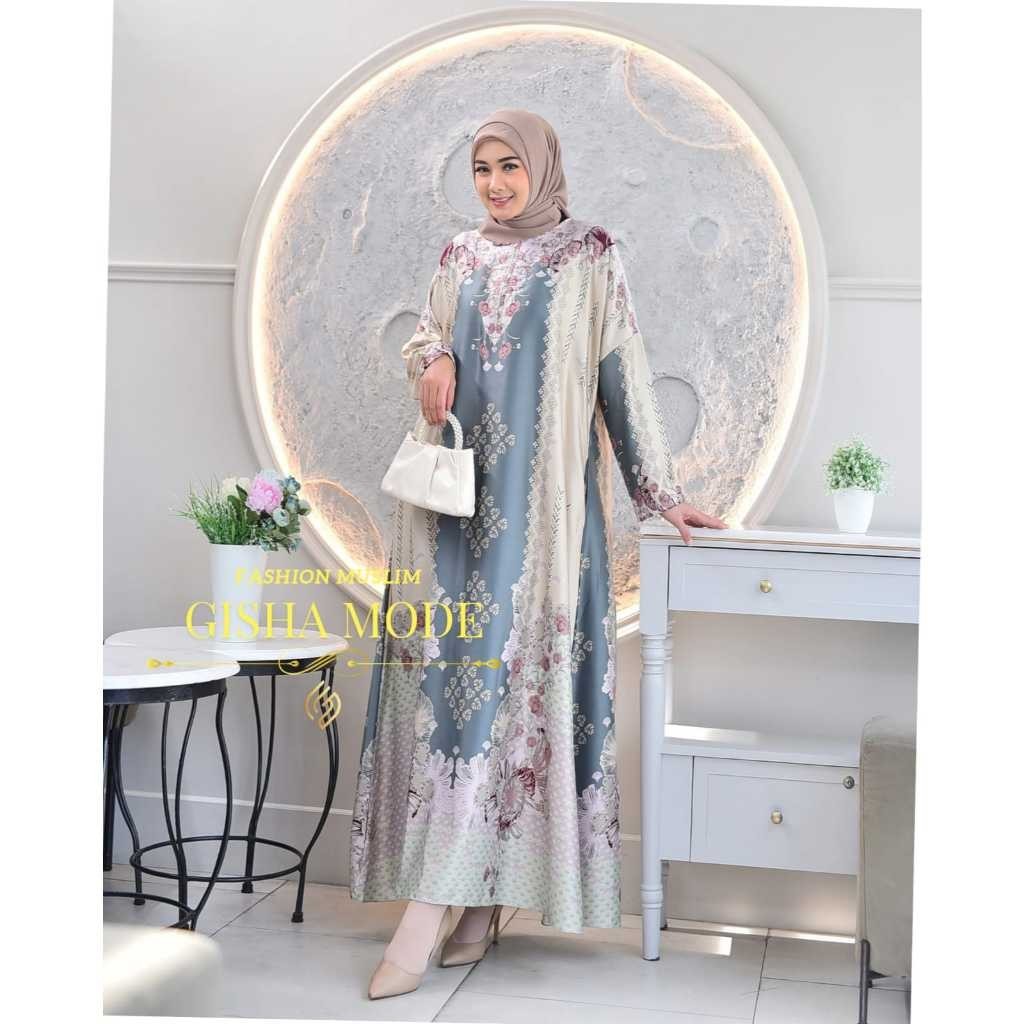 Gisha Collection-MEDINNA Gamis Abaya Bahan Silk Premium |Gamis Motif Jumbo Ld 130 cm Warna Navy,Crea