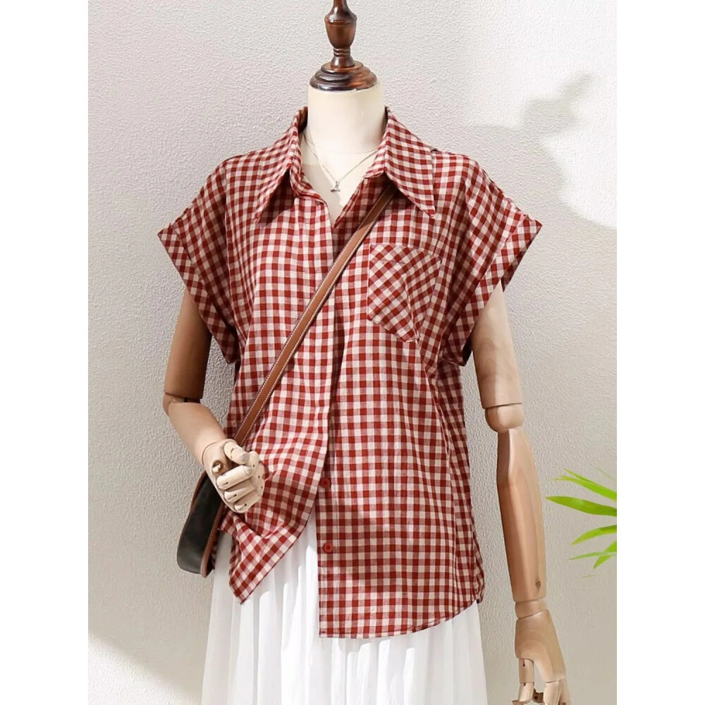 Kemeja lengan pendek kotak-kotak merah retro ramping untuk wanita