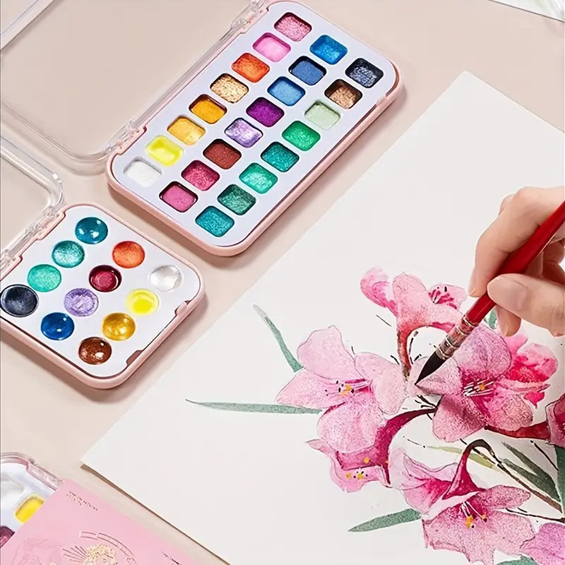 

24-Color Pearl Watercolor Paint Set - Artisan Solid Metallic Glitter Palette, Non-Toxic Japanese Gradient Watercolor Paints
