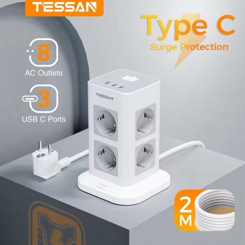 TESSAN TS-TPS03-DE-3C-GR Stop Kontak Soket Multi Outlets Power Strip 8 Lubang Outlet EU Colokan & 3 