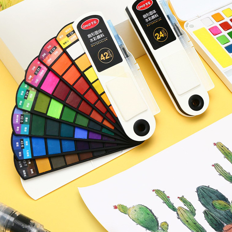 

18/24/36/42 Solid Watercolor Pigment Set Foldable Travel WaterColor With Water Brush Pen Art Specific Fan Shaped Painting Tool