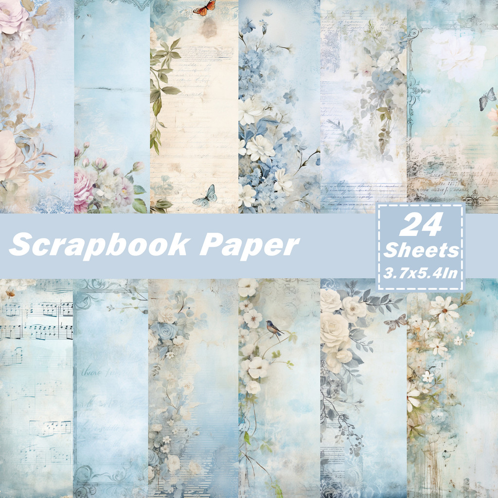 

Vintage Flower Scrapbook Paper Blue Background 24 Sheets DIY Art Crafts Papers For Junk Journal Card Making Gift Wrappinig