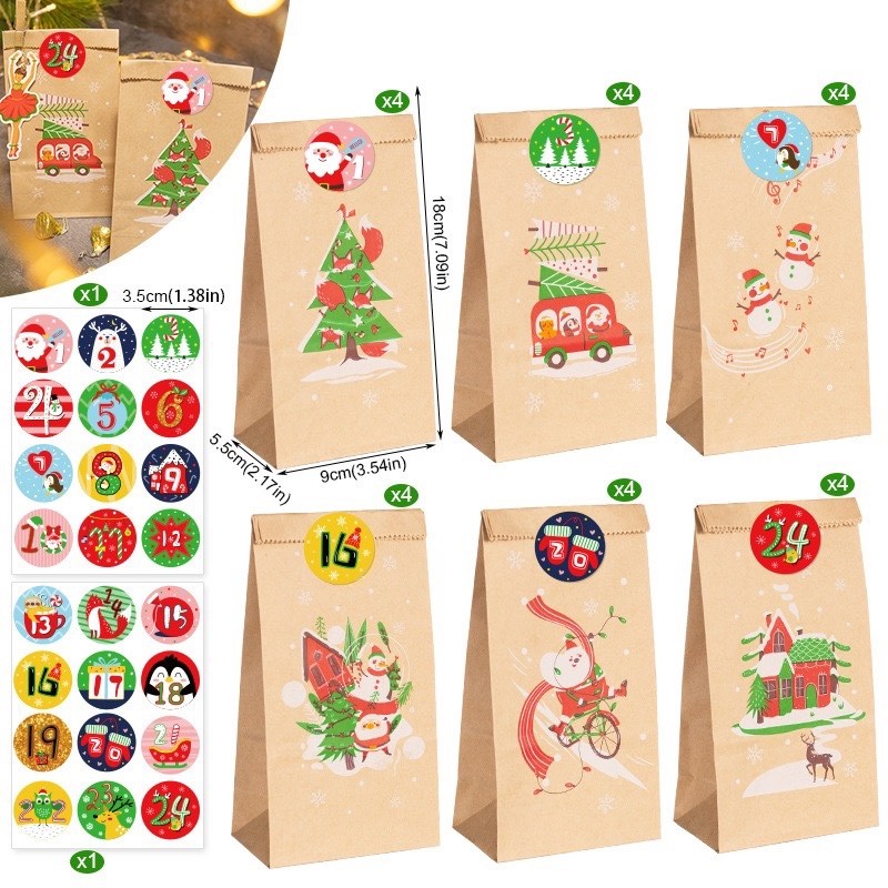 

48/24pcs Merry Christmas Gift Bags Santa Claus Fox Kraft Paper Bags with Stickers Xmas Party Favor Bags DIY Advent Calendar