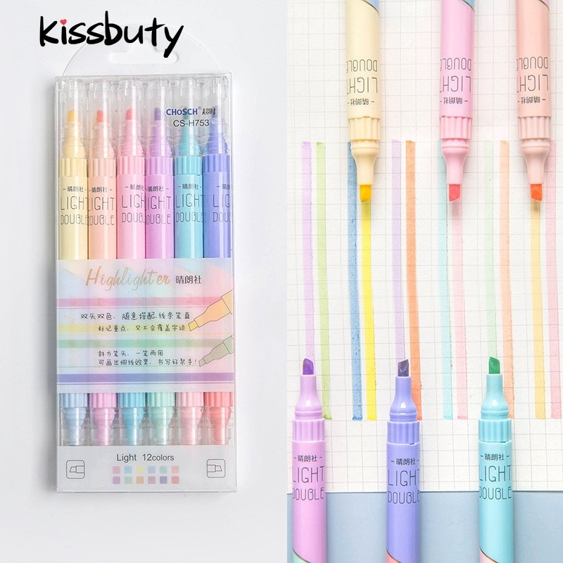

KissButy 6Pcs/Set Highlighter Pen Set Double headed Kawaii Fluorescence Colour School Supplies Marker Stationery