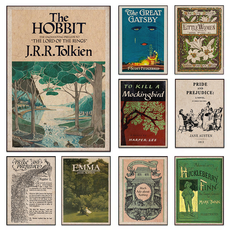 

Vintage Rustic Library Classic Book Covers Modern Literature Poster Canvas Painting Wall Art Pictures Home Nursery Decor Gift