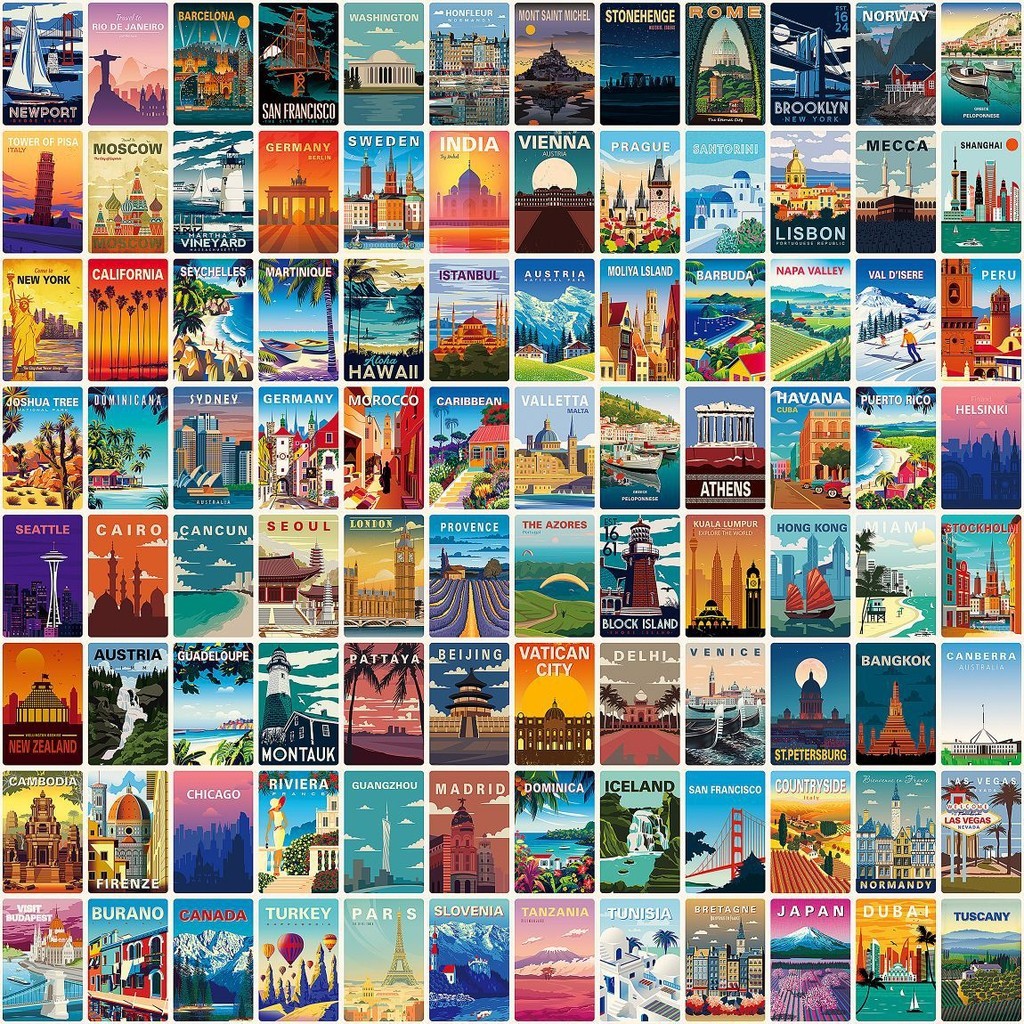 

108PCS New Scenery Poster Stickers - Vintage Landscape Scrapbooking Material, 6 Sheets per Pack（ Anime Worlds Store）