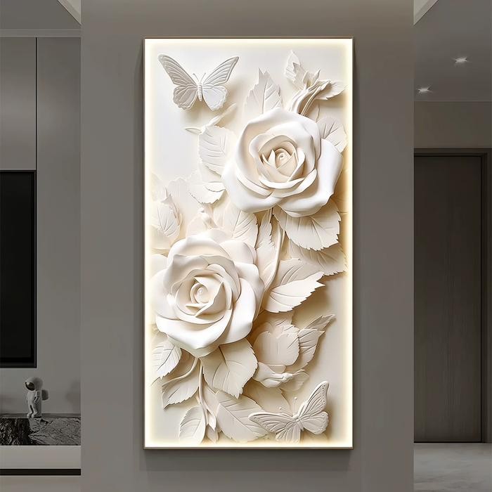 Lukisan Porcelain Painting Diamond Bunga Putih Led Lighting