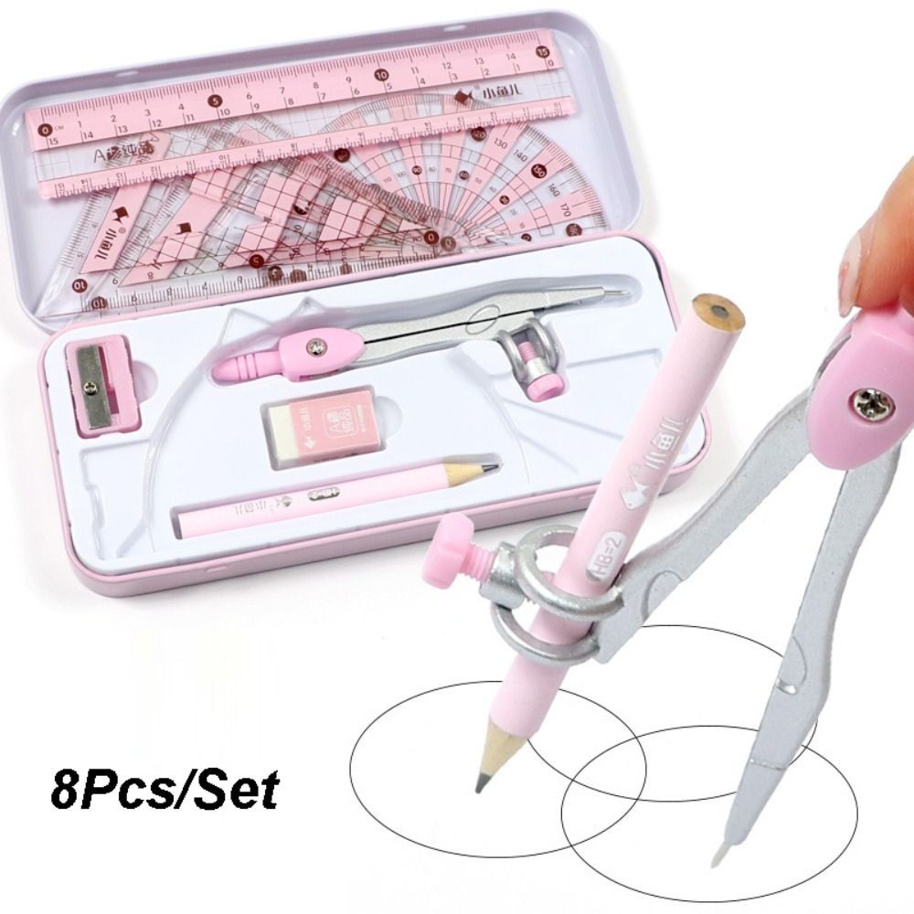 

8Pcs/Set Multi-Function Ruler Compass Set Metal Box Protractor Measuring Ruler Sharpener Straight Ruler Drawing Stationery