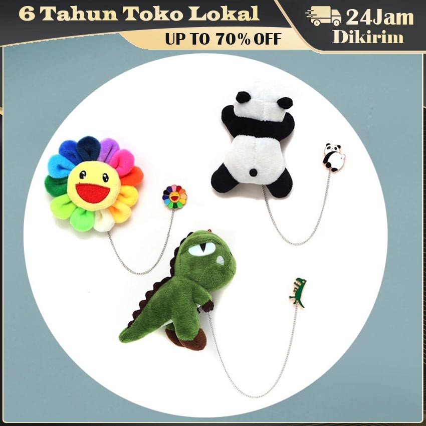 Bros Pin Kartun Panda Sunflower Pikachu Dinosaurus / Bros Boneka Karakter Lucu Dengan Rantai / Pin B