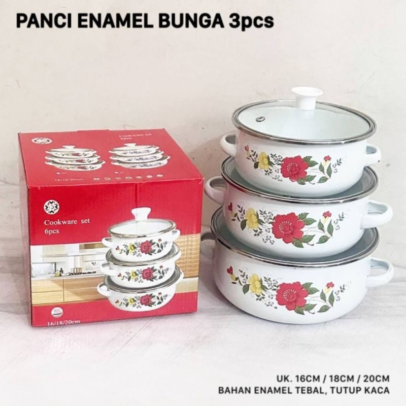 Panci Set 3 Susun Enamel Bunga Tutup Kaca