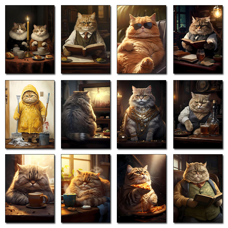 

Fat Cat Beer Pub Bar Drink Rich King Eat Pizza Read Book Cute Poster Print Wall Art Pictures Canvas Painting Room Home Decor