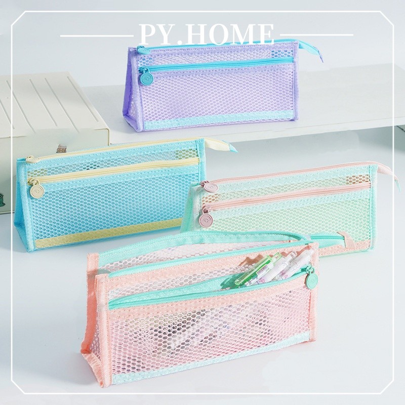 

Tas Pena Mesh Bernilai Tinggi 2-Layer Tempat Pensil Jaring Large-Capacity Tas Alat Tulis Transparan Untuk Siswa