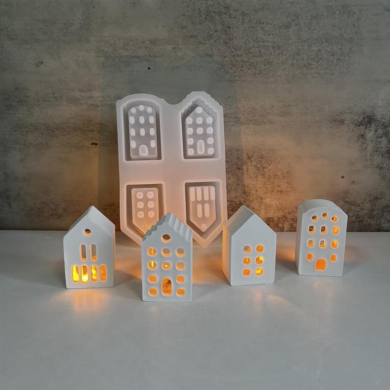 

4-piece European Style House Silicone Mold Scale Atmosphere Decoration Lighting House Gypsum Drip Mold Aromatherapy Candle Mould