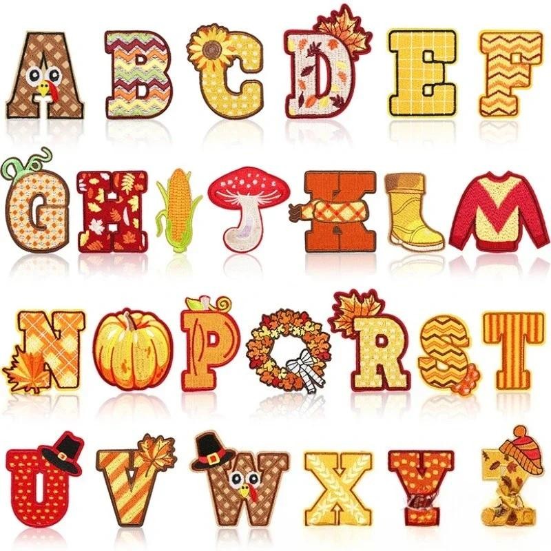 

Thanksgiving Theme Embroidery Cloth Sticker 26 English Letter Patch Sticker Pumpkin Autumn Harvest Embroidery Sticker
