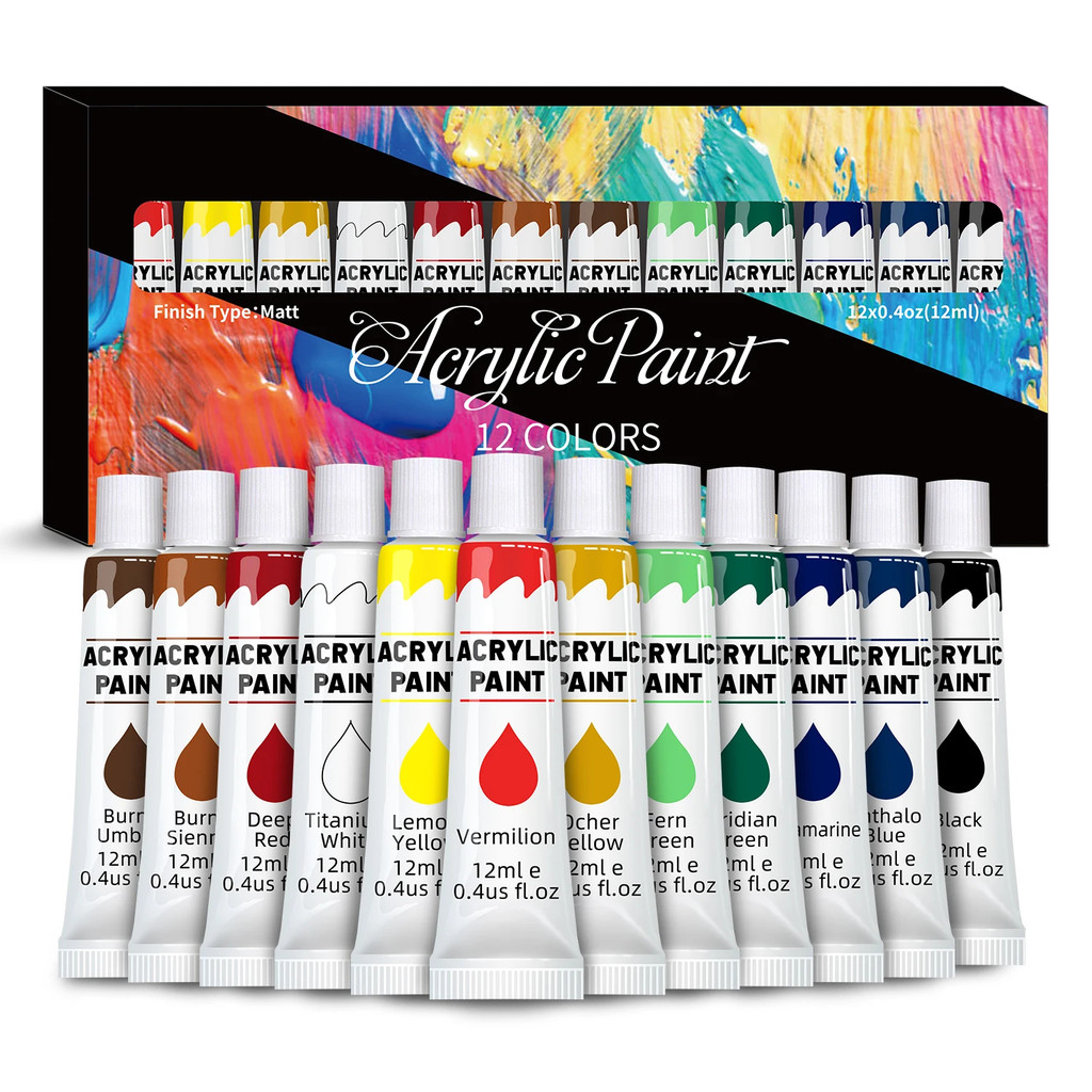 

Acrylic Paints Set - 12/24 Colors 12ml Art Painting Kit Supplies for Wood, Canvas, Fabric, Rock, Glass - Non-Toxic Acrylic Paint
