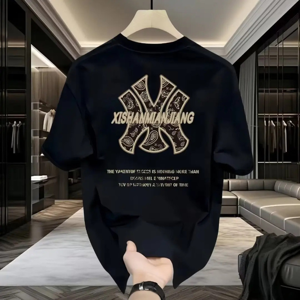 Kaos oblong motif cetak modis, kaos oblong pria simpel, kaos oblong longgar bermerek trendi